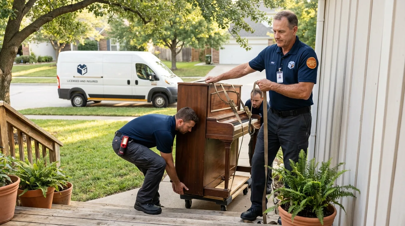 Licensed piano movers securing grand piano in Cardington, OH
