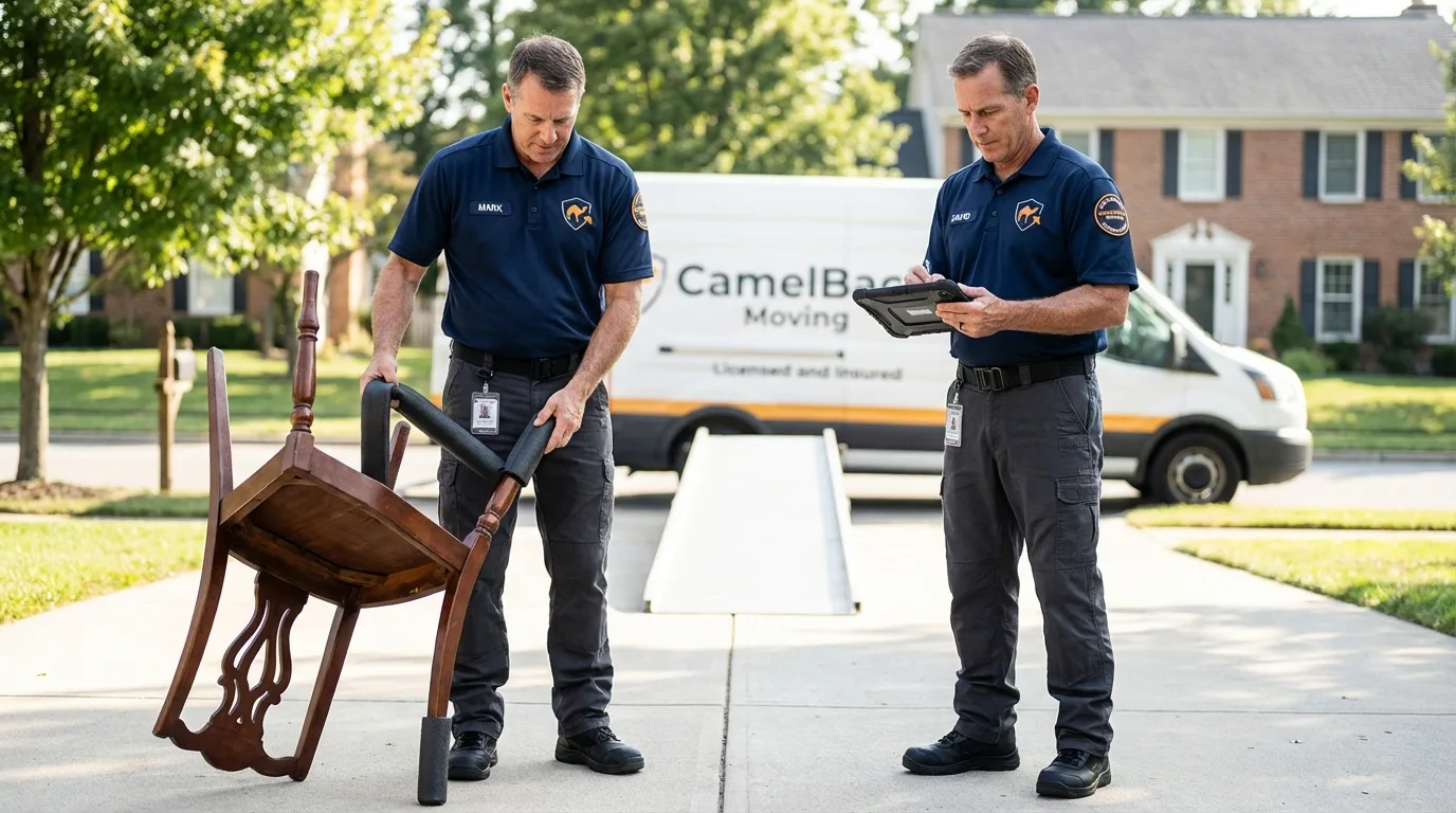 Movers inspecting furniture for damage prevention before loading in Cardington, OH