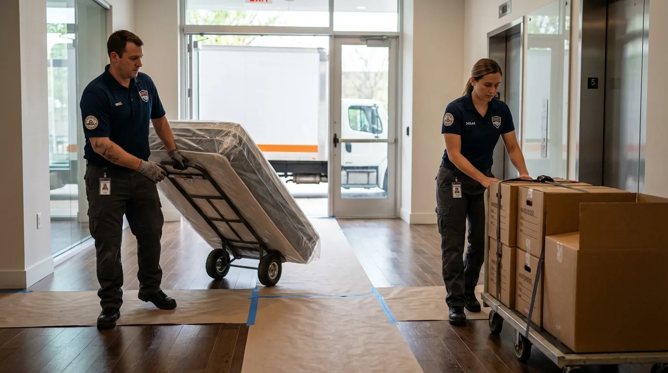 Professional apartment movers loading elevator in Cardington, OH